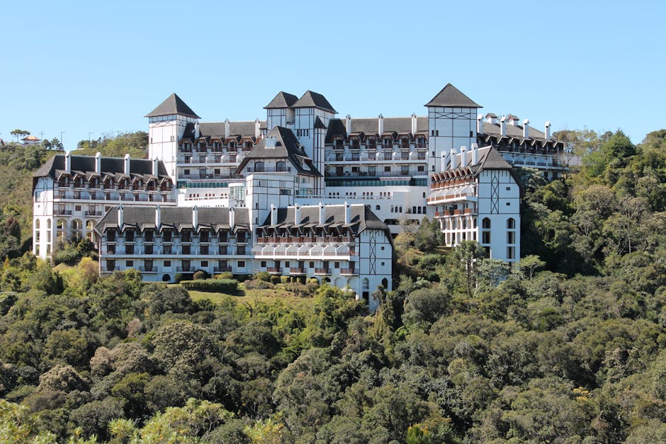 Majestic gothic-inspired hotel in Campos do Jordão surrounded by lush greenery.